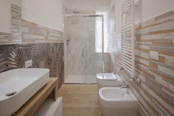 Shower, hair dryer, bidet, towels