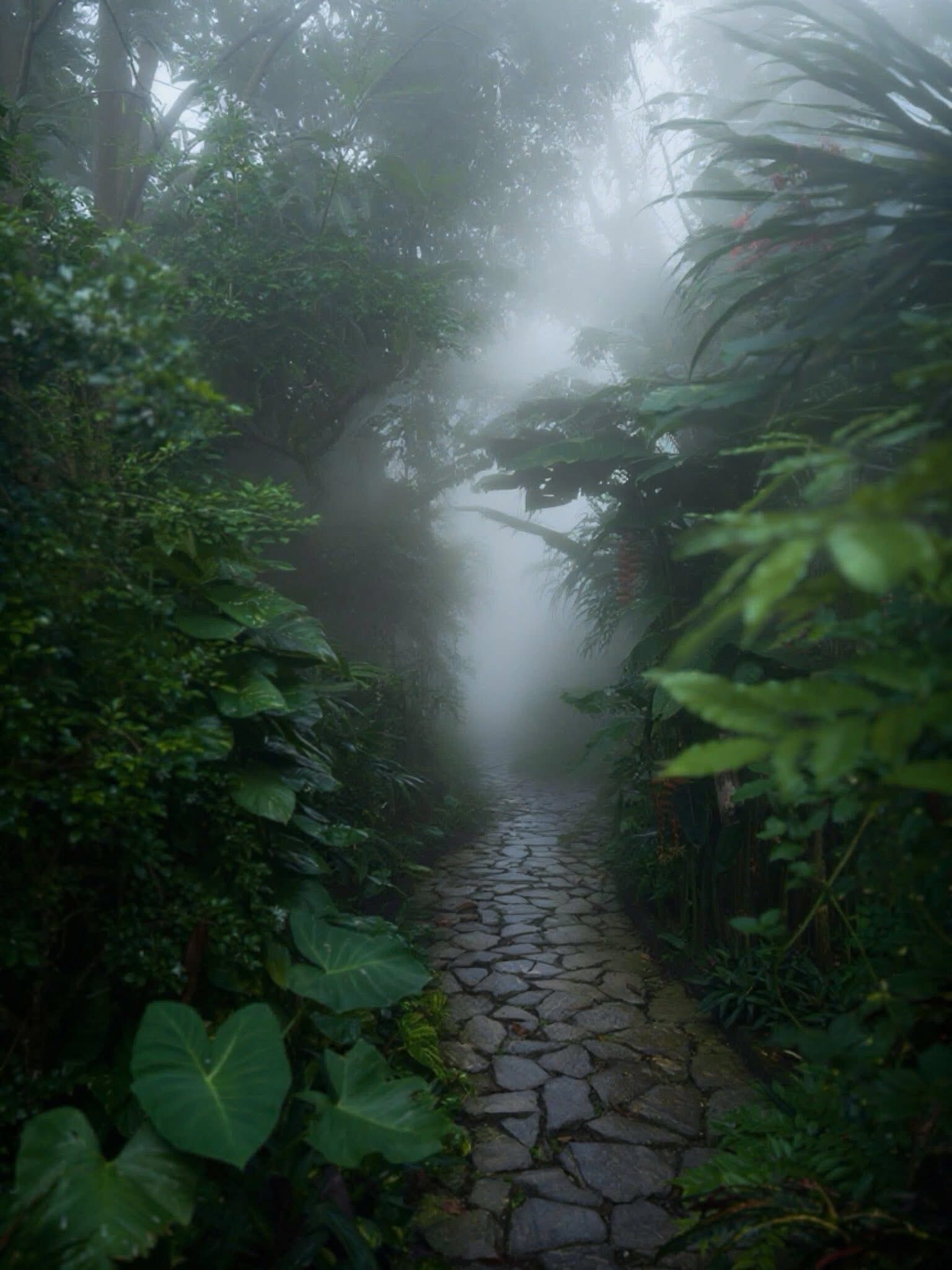 A narrow stone pathway surrounded by dense foliage in a misty forest setting.