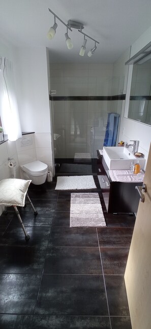 Chuveiro, secador de cabelo, toalhas de banho, sabonete