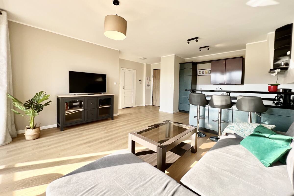 A modern living room with a sofa, coffee table, and a TV on a cabinet. There's a kitchen area with bar stools and a dining table.