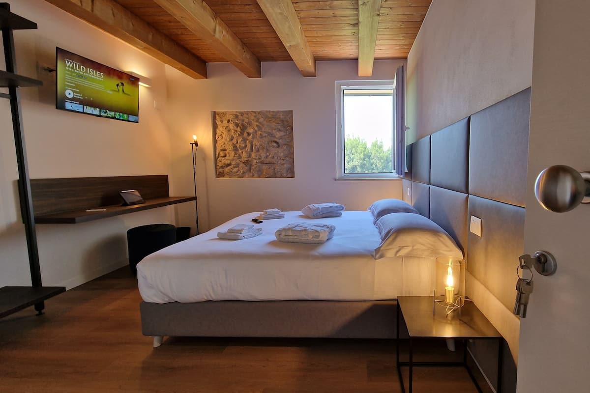 A modern bedroom with a bed, bedside table, and a TV mounted on the wall.