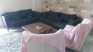 Un salon avec un canapé gris foncé, une table basse en bois sur laquelle se trouve une assiette de nourriture, et un fauteuil à carreaux roses.