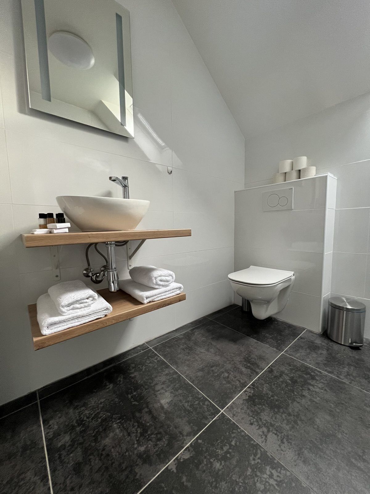Un baño moderno con un lavamanos blanco, un inodoro y un espejo sobre el lavamanos.
