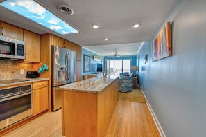 Fridge, microwave, oven, stovetop - Mariner's Watch 203 - Two Bedroom, Two Bathroom, Oceanfront Condo (Garden City Beach)