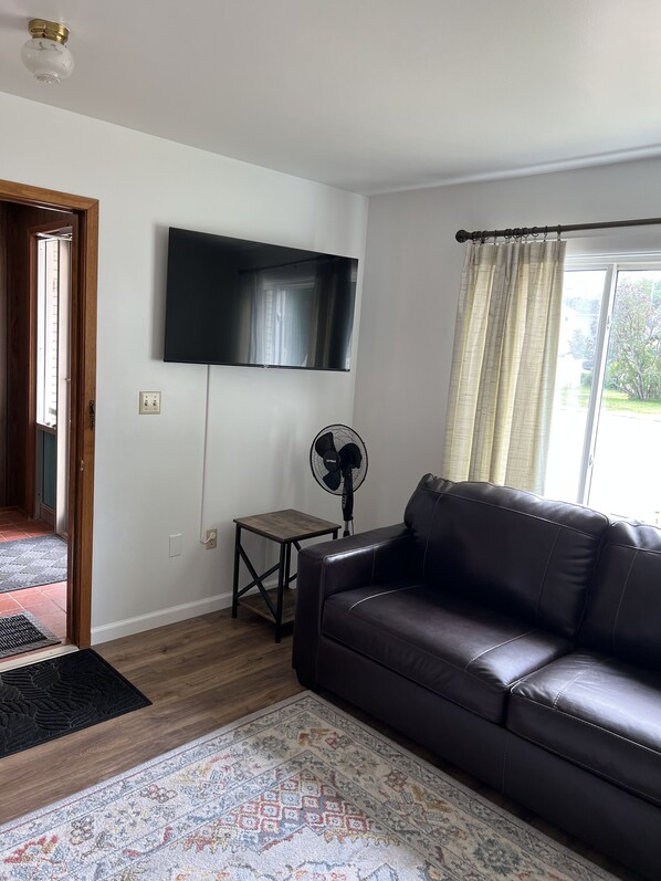 A living room with a leather sofa, a flat-screen TV mounted on the wall, a standing fan, and a patterned rug.