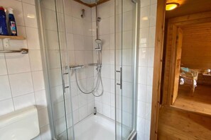 A glass-enclosed shower with a handheld showerhead and a handheld hose. - Doppelhaushälfte in Hasselfelde (Hasselfelde)