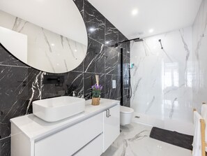 Shower, hair dryer, towels