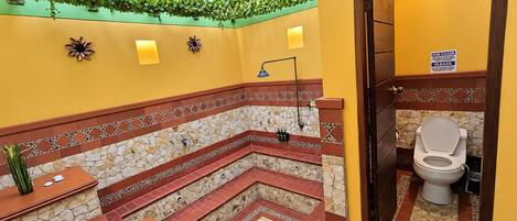 Un baño con pared de mosaico de piedra, zona de ducha y un inodoro.