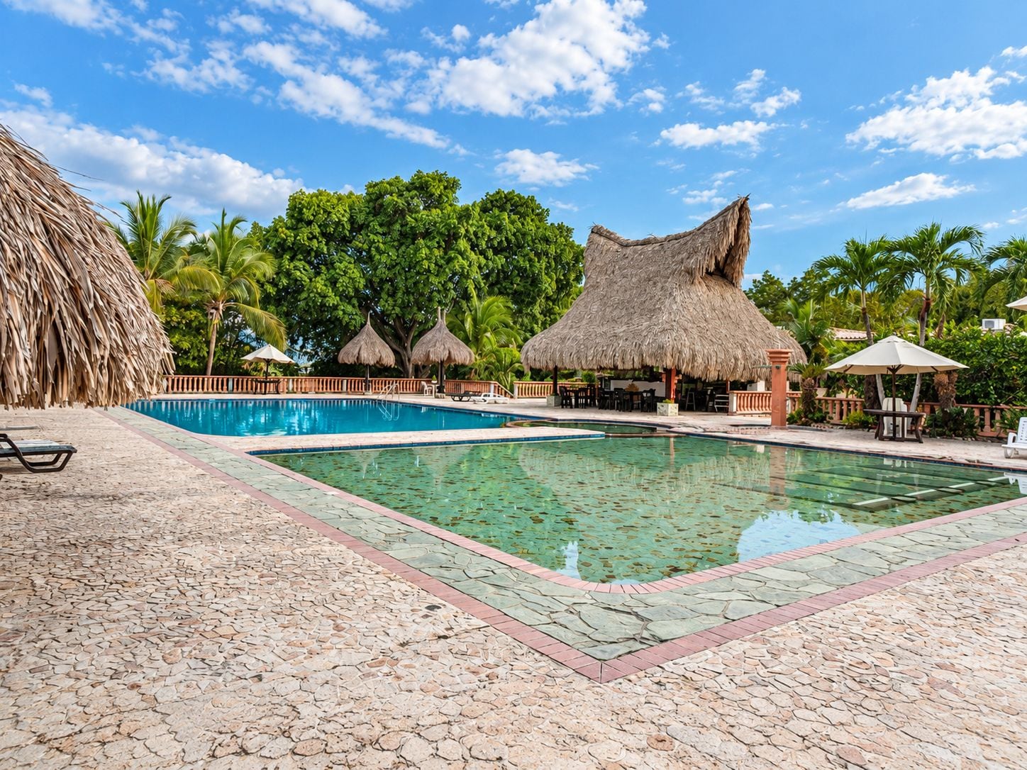 Una piscina con borde de piedra, rodeada de palmeras y sombrillas de paja.