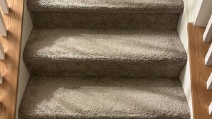 A carpeted staircase with wooden handrails and a wooden floor.