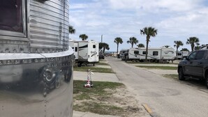 A row of RVs parked along a paved road with palm trees in the background. - Antique1958Spartan CamperOceanLakes Cmpgrnd, I-33.Golf Cart for July,Aug rentals (Myrtle Beach)