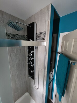 Regadera, secadora de cabello, bidet, toallas 
