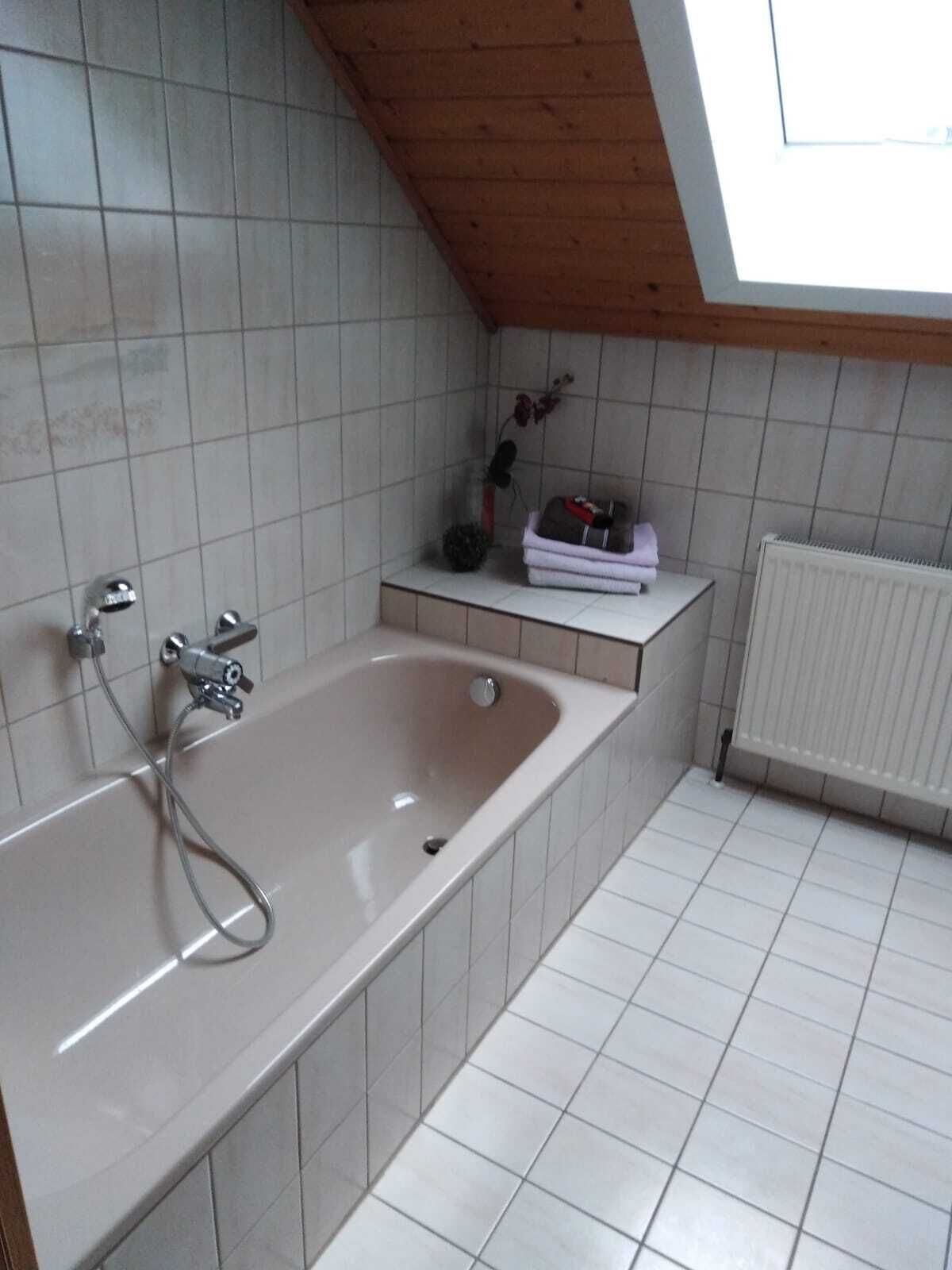 A bathroom with a freestanding bathtub, tiled walls, a radiator, and a skylight.