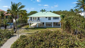 A white house with a green roof, surrounded by palm trees and dense vegetation. - Private Beachfront House (Fort Pierce)