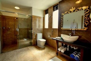 Regadera, toallas, jabón, shampoo 