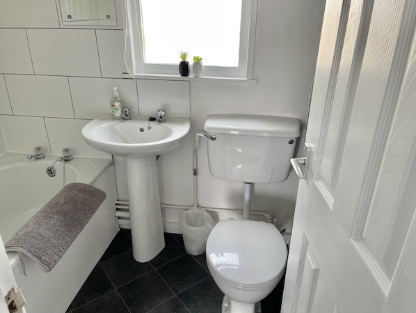 A bathroom with a white sink, toilet, and bathtub. There is a window with plants on the windowsill.