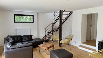 Televisie, een dvd-speler, een tafeltennistafel en een filmbibliotheek