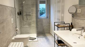 Shower, hair dryer, bidet, towels