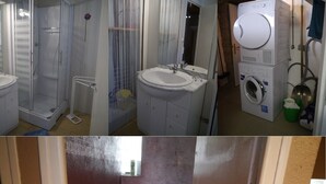 A bathroom with a shower, sink, and stacked washer and dryer. - Maison DE Village (Formiguères)