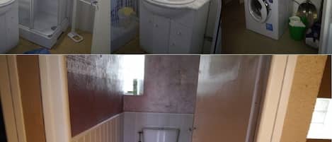 A bathroom with a shower, sink, and stacked washer and dryer.