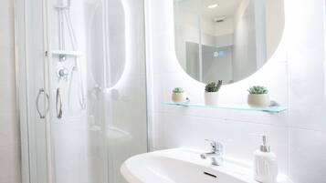 Shower, hair dryer, bidet, towels