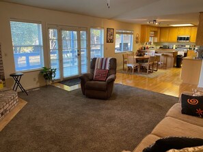 TV, fireplace, books