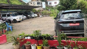 Un área de estacionamiento con varios vehículos, incluyendo un SUV negro y una camioneta blanca. Hay plantas en macetas en primer plano y un muro rojo detrás.