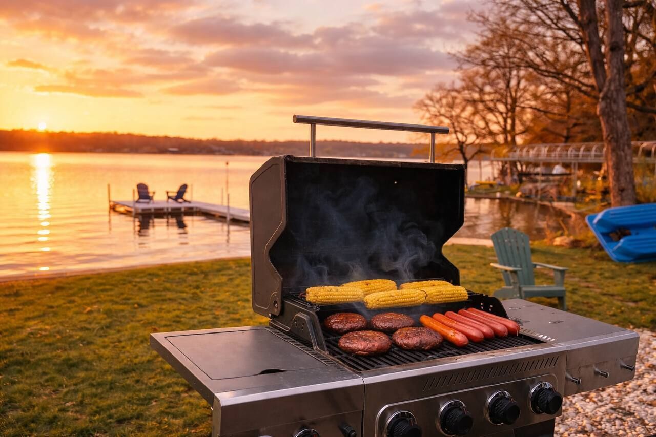 A barbecue grill with corn and hot dogs being cooked, set against a lakeside backdrop with a sunset.