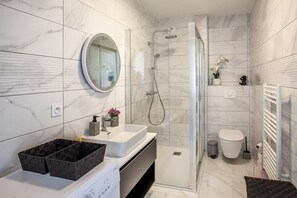 Shower, hair dryer, towels