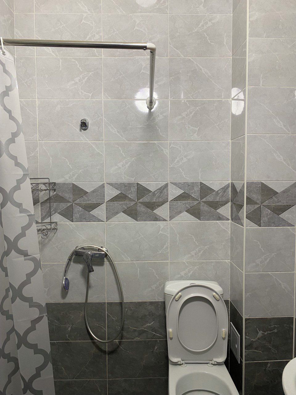 Ein Badezimmer mit Toilette, Duschbereich und einer Haltestange.
