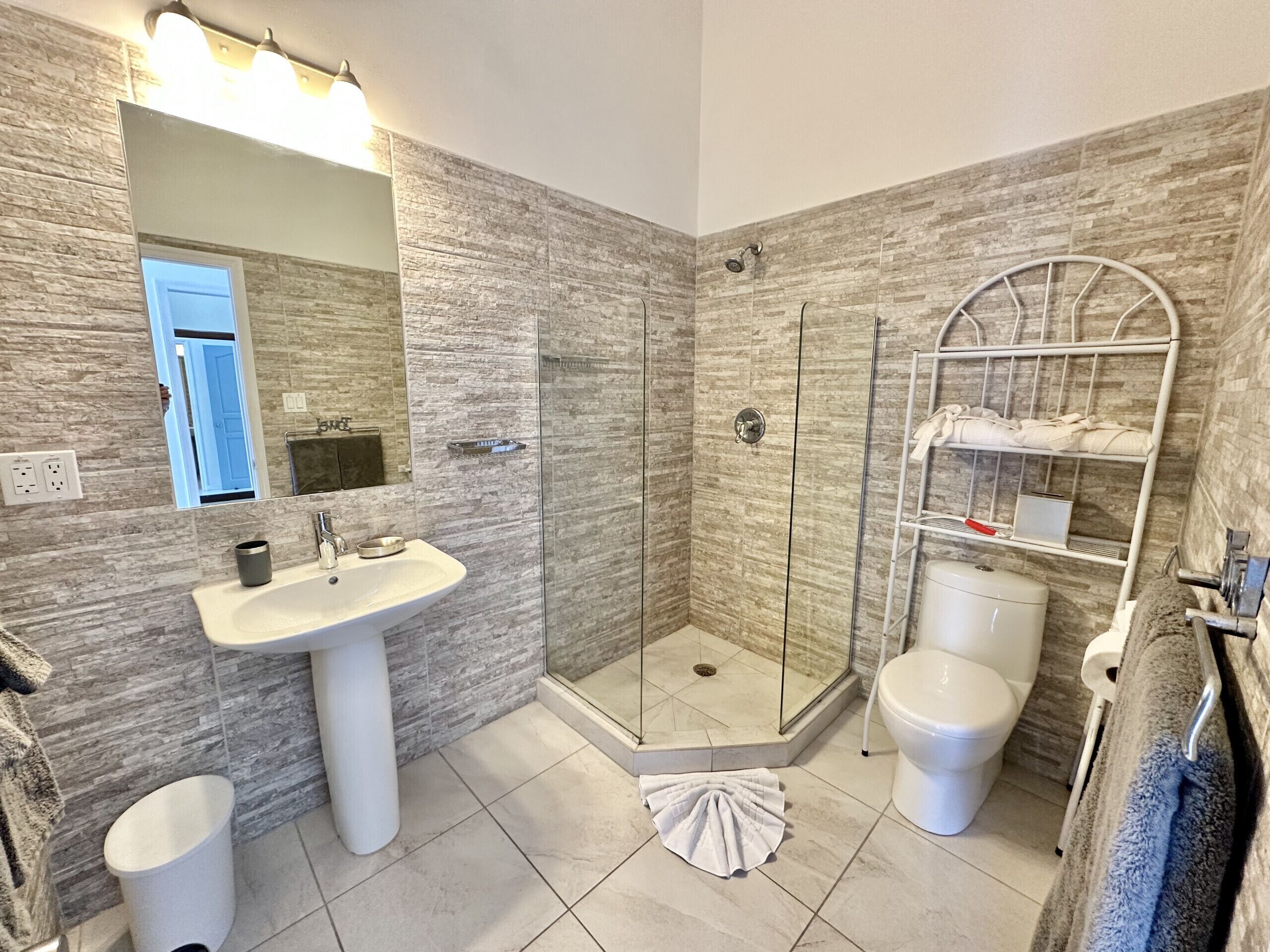 A modern bathroom with a glass-enclosed shower, a pedestal sink, and a toilet with a towel rack.