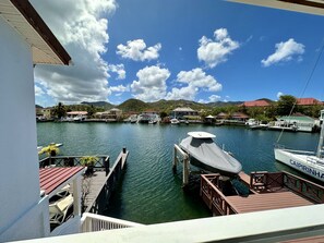A marina with boats docked, a dock with a covered boat, and houses in the background.