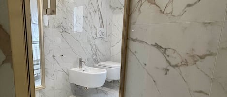Shower, eco-friendly toiletries, hair dryer, bidet