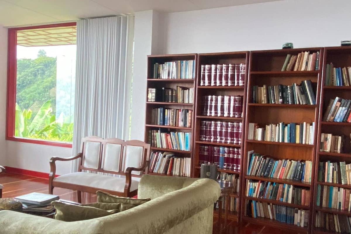 A spacious room with a large wooden bookshelf filled with books, a comfortable sofa, and a large window with a view of greenery.