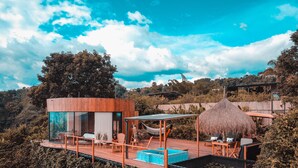 A modern villa with a glass-enclosed living area, a wooden deck, and a thatched-roof structure. - Atardeceres del cafe (Manizales)