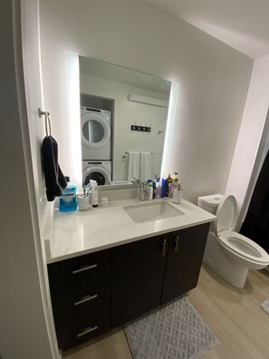Hair dryer, towels, shampoo, toilet paper