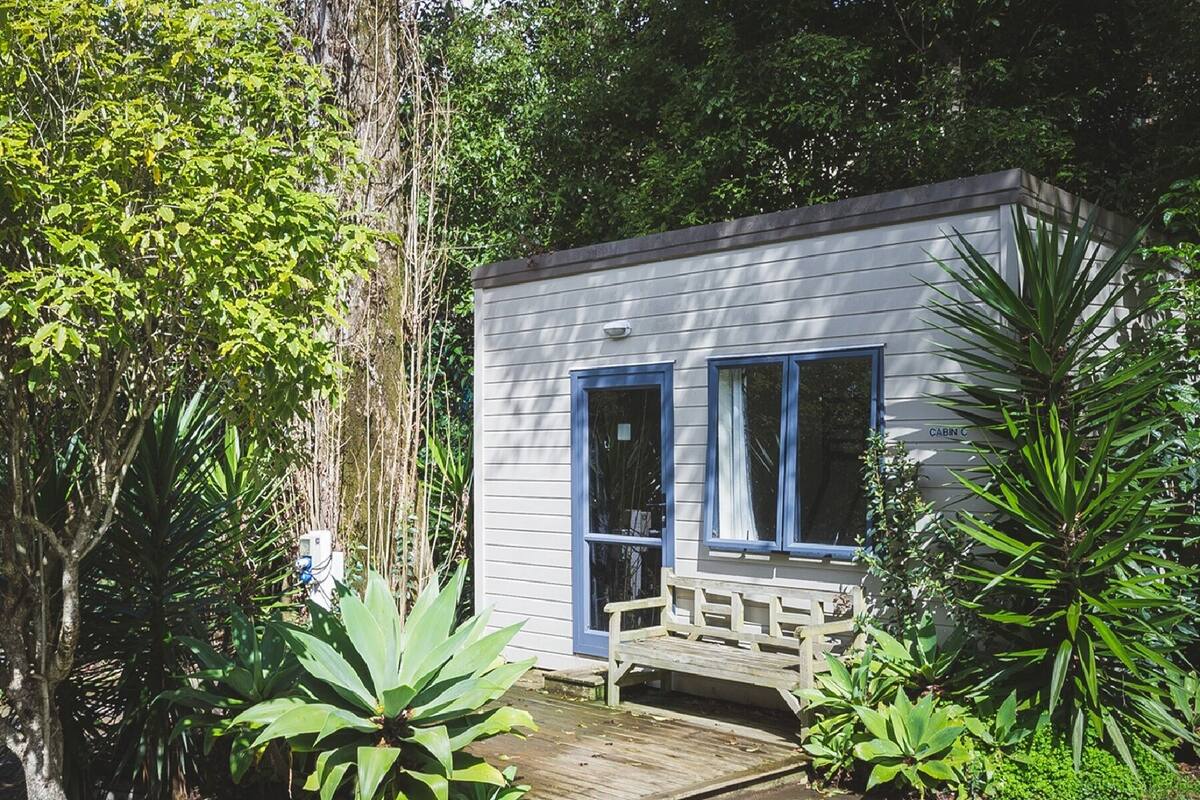 Une petite cabane dotée d’une terrasse, entourée d’une végétation luxuriante.