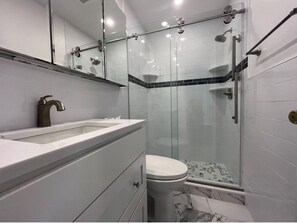 Bathroom features a glass-enclosed shower, toilet, sink, and mirror.