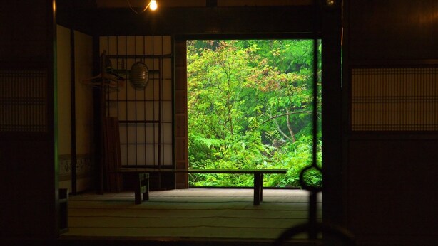 Ein traditioneller japanischer Raum mit Tatami-Boden, einem niedrigen Tisch und Blick auf üppiges Grün draußen.