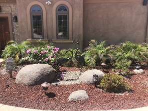 Stroll through the beautifully landscaped garden, featuring a variety of plants and a decorative bird sculpture.