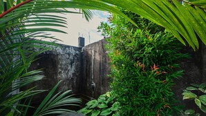 A narrow outdoor space with a concrete wall, a small water feature, and lush green foliage. - Supala Private Living B (Ubud)