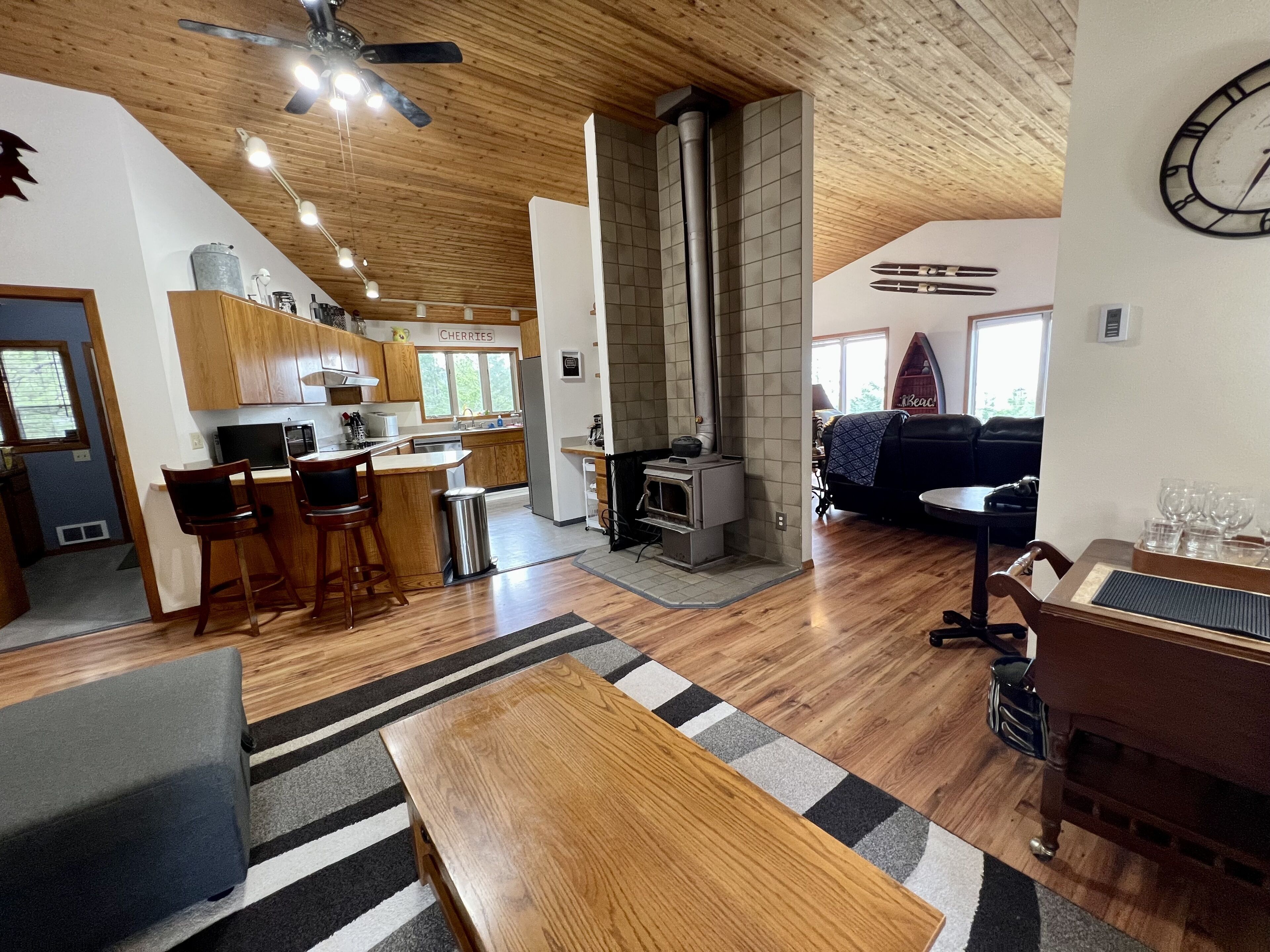 Televisión, chimenea y libros 