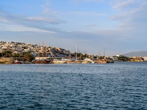 A harbor with boats docked, a cityscape in the background, and a clear sky.