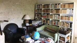 Ein gemütliches Zimmer mit Bücherregal, Globus und einem grünen Sofa.