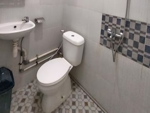 Une petite salle de bain avec des toilettes, un lavabo et une douche.