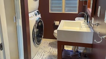 Baby Dux - Hip Hideaway on the Urban Wine Trail | Bathroom | Shower, hair dryer, towels, soap