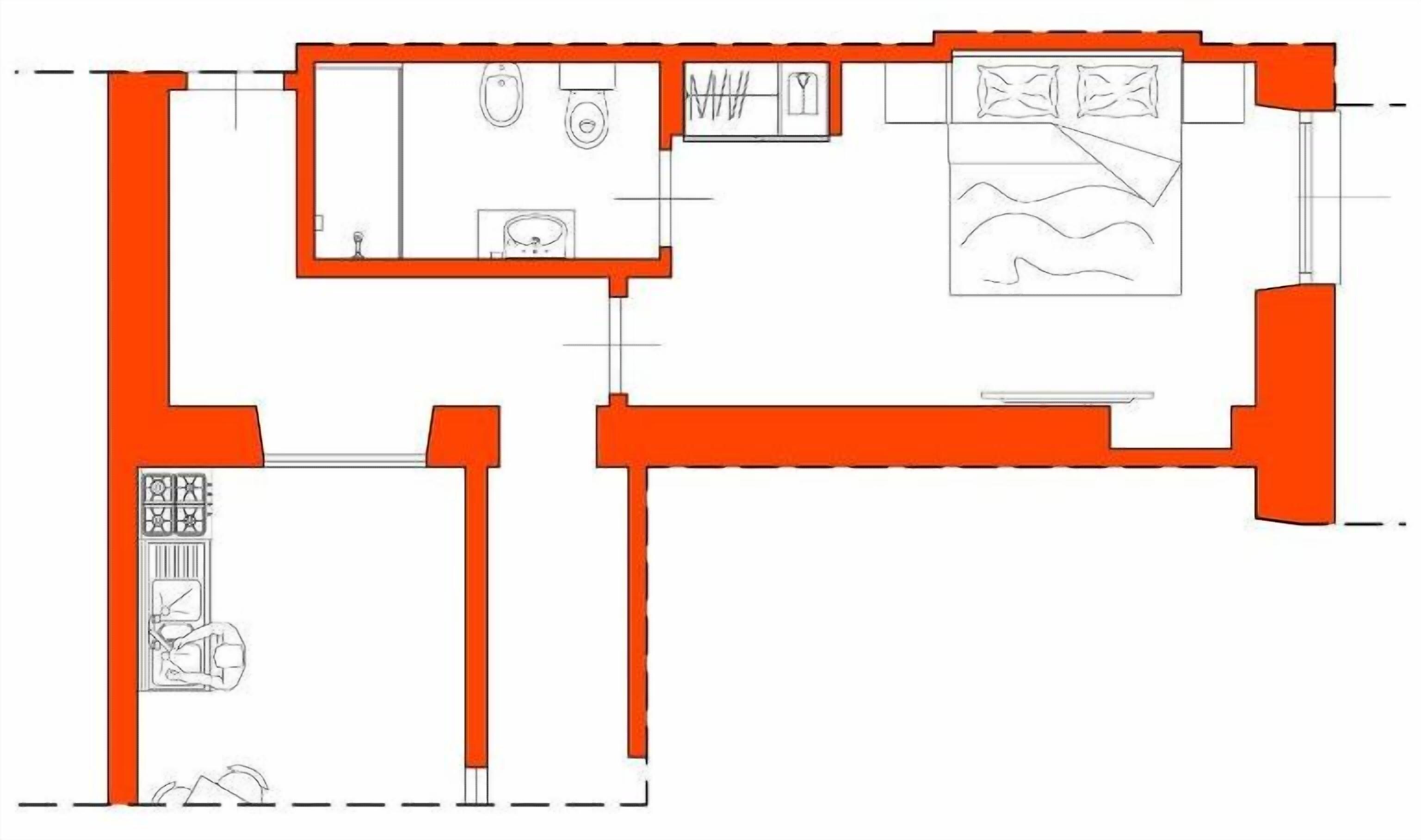 Pianta degli ambienti con cucina, sala da pranzo e due camere da letto.