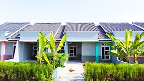 Uma fileira de casas modernas com painéis solares nos telhados, um caminho que leva à entrada e plantas verdes em primeiro plano.