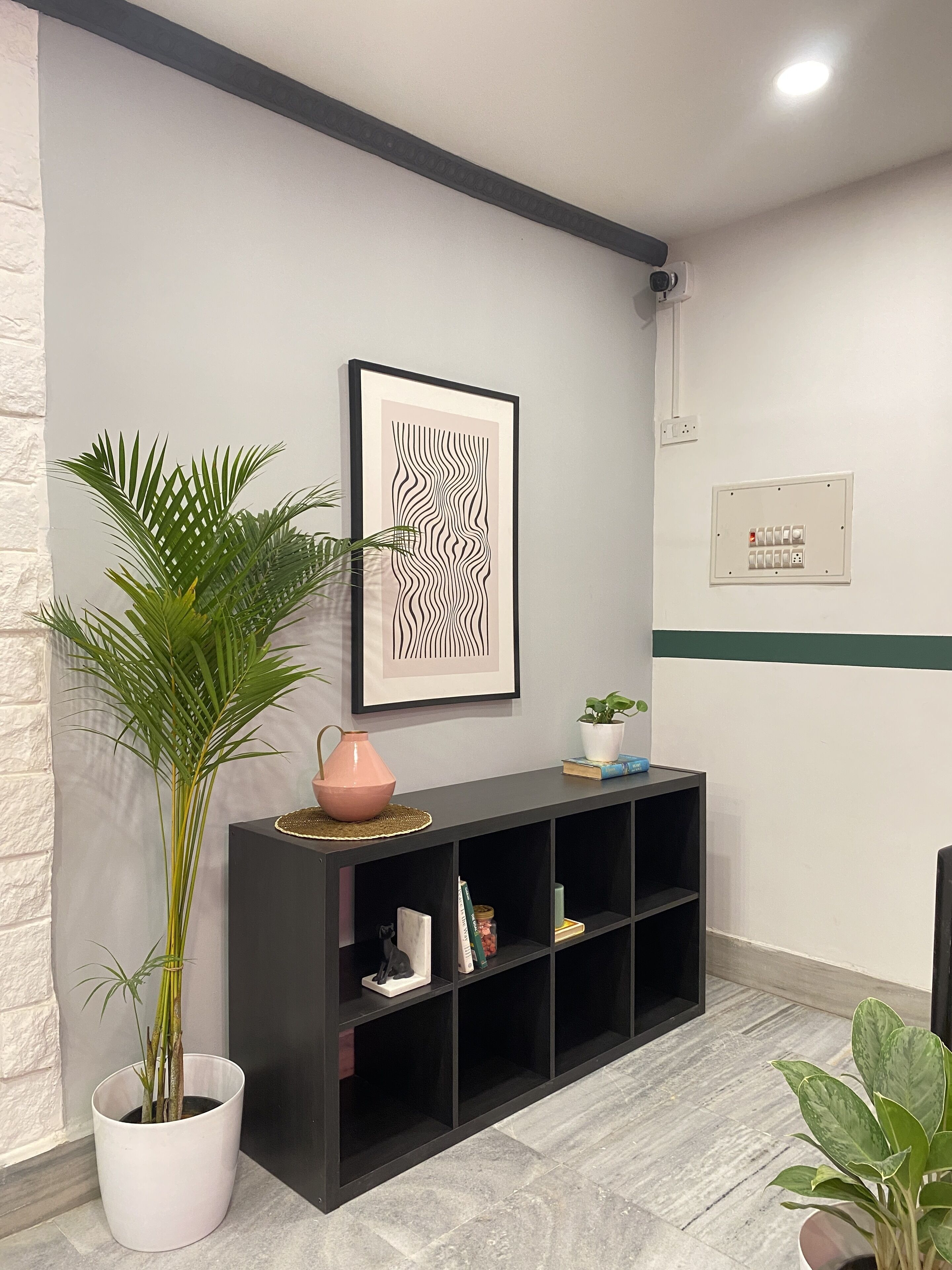 A modern interior with a black console table, a framed abstract artwork, and a potted plant.