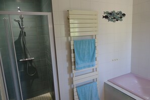 Hair dryer, towels, toilet paper